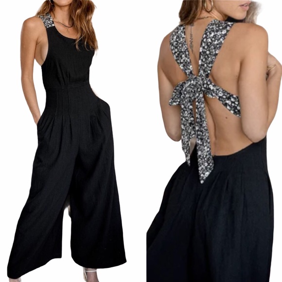 Lulus Pants - Lulu’s black tie back wide leg jumpsuit